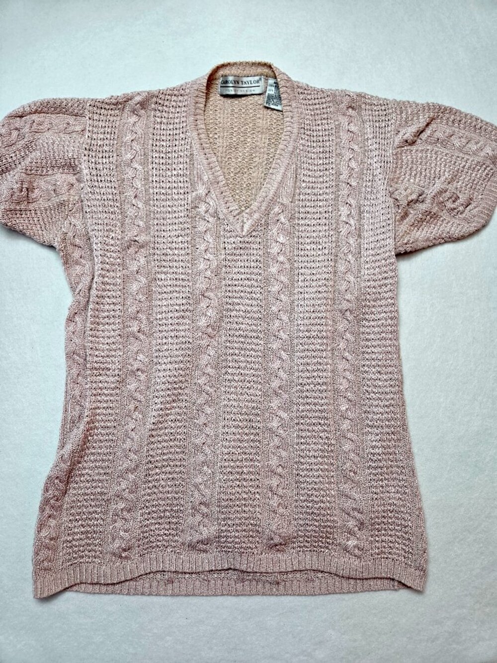 Carolyn Taylor Women’s Silk Blend Cable Knit Sweater M Pink V Neck Short Sleeve